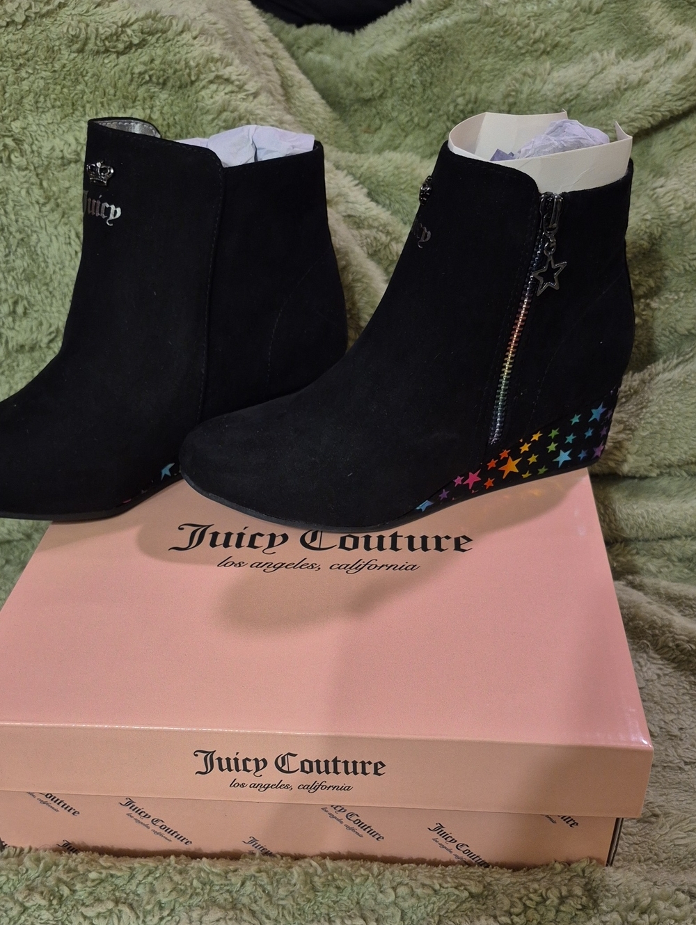 Juicy Couture Black Suede Wedge Ankle Boots with Rainbow Star Heel